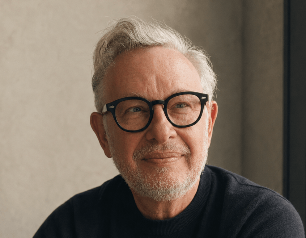 A close-up portrait of a smiling man with white hair and thick black-rimmed glasses. He is wearing a dark crewneck sweater and is softly lit against a neutral, textured wall.