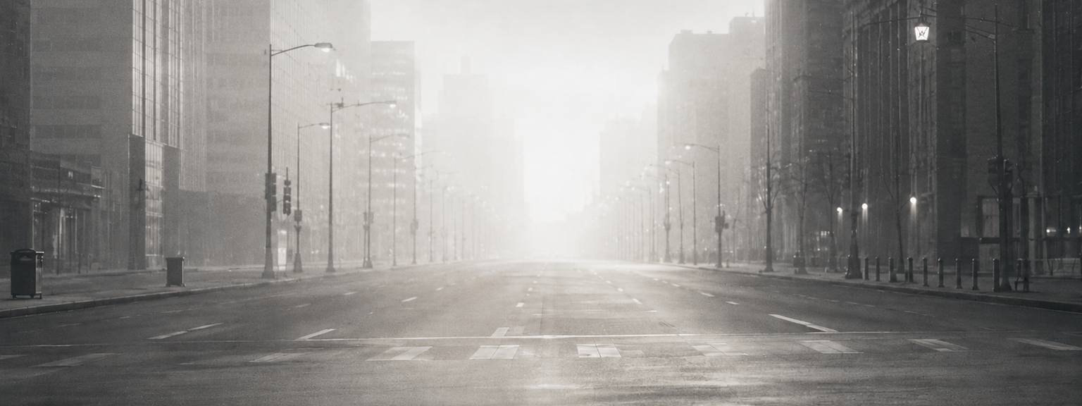 A black and white, symmetrical view looking down a wide, completely empty city street flanked by tall buildings, leading into intensely bright fog in the distance.