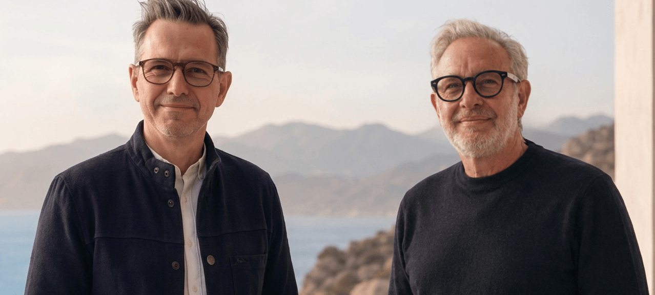 A portrait of two smiling men standing outdoors next to a building, with a scenic view of bright blue ocean water and distant mountains in the background. The man on the left wears a dark jacket over a light collared shirt and glasses, while the man on the right wears a dark crewneck sweater and thick black-rimmed glasses.