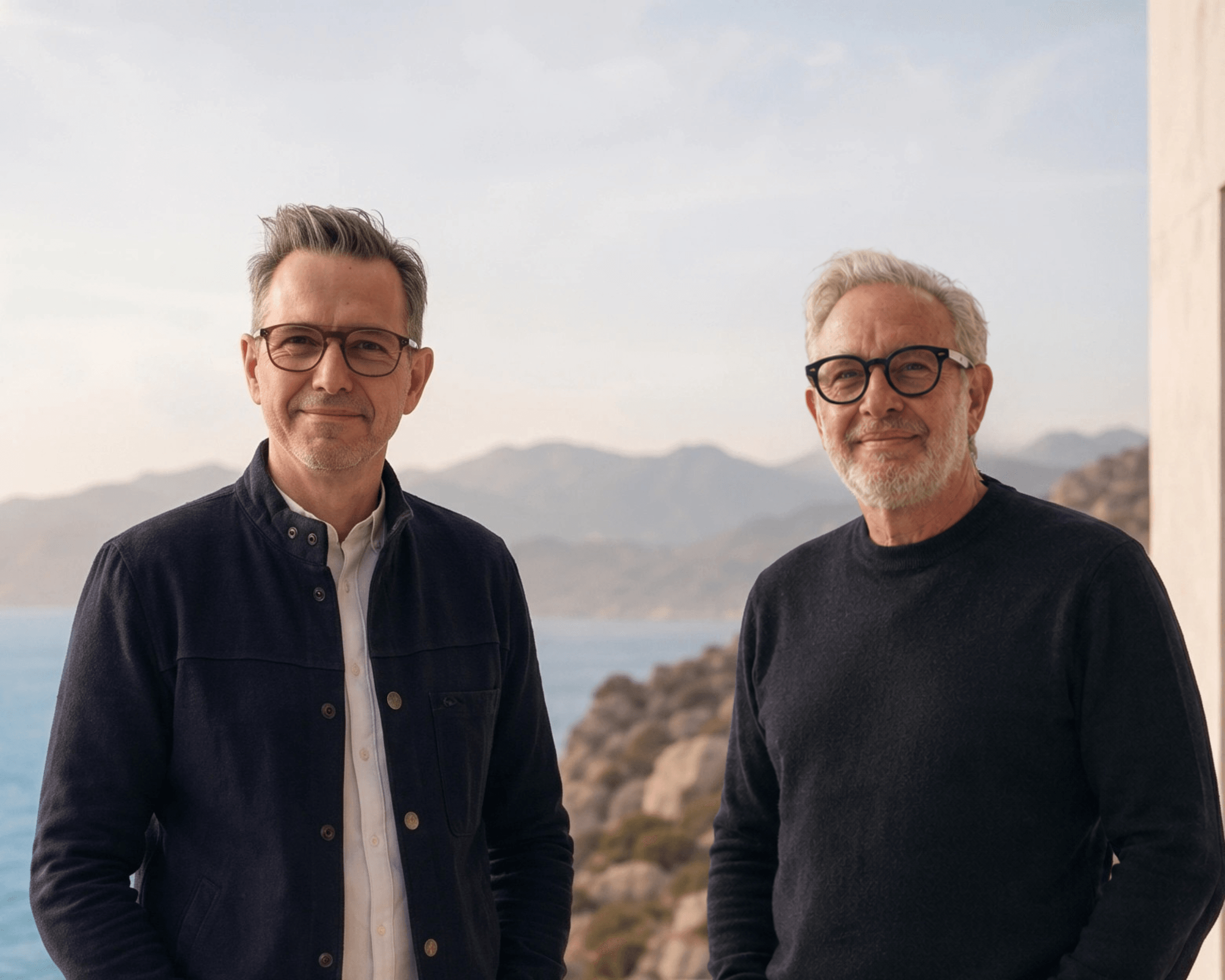 A portrait of two smiling men standing outdoors next to a building, with a scenic view of bright blue ocean water and distant mountains in the background. The man on the left wears a dark jacket over a light collared shirt and glasses, while the man on the right wears a dark crewneck sweater and thick black-rimmed glasses.