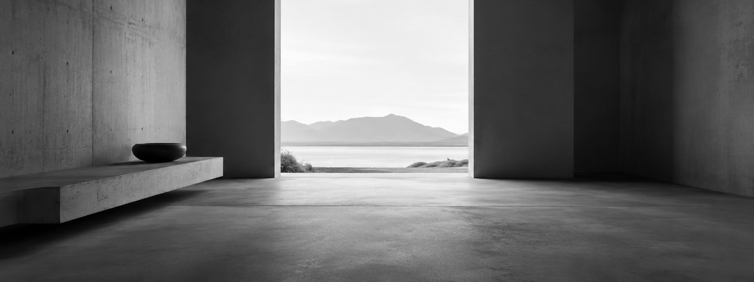 A black and white image of an empty concrete room featuring a large rectangular opening that frames a calm landscape of water and mountains. A floating concrete bench with a dark, round bowl sits against the left wall.