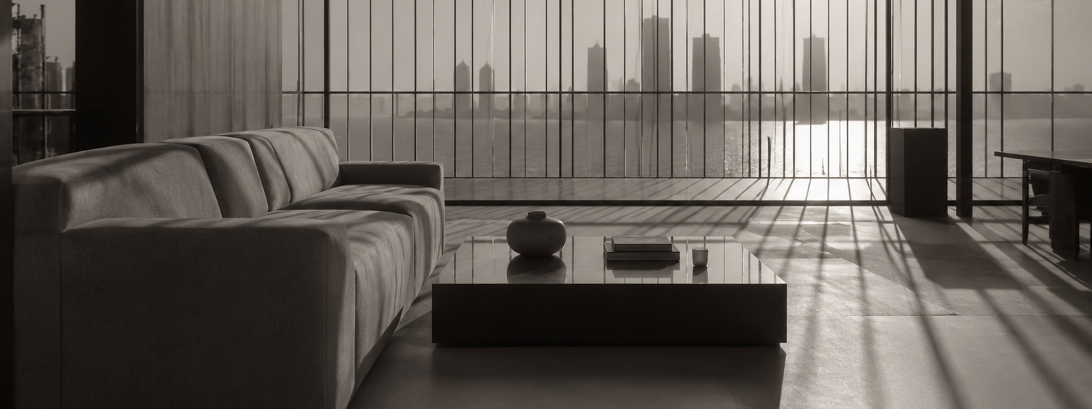 A sepia-toned image of a minimalist living room with a couch and coffee table. Floor-to-ceiling vertical bars cover a large window, revealing a distant city skyline across water and casting dramatic, long shadows across the floor.