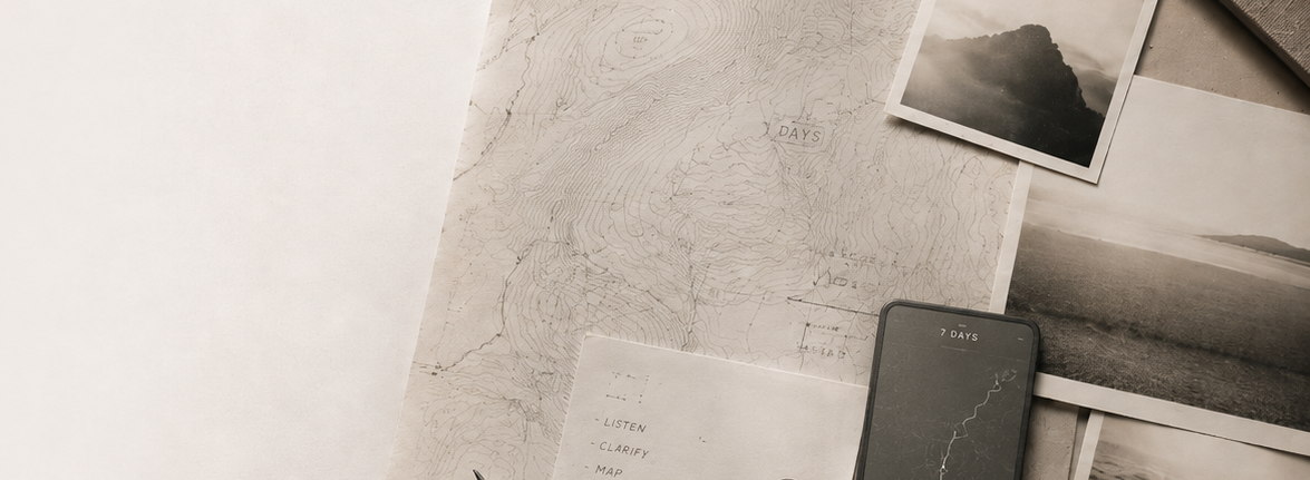 A flat lay image in muted, sepia tones featuring various planning materials on a desk. The arrangement includes a large topographical map, a few black and white landscape photographs, a smartphone displaying a digital route, a small paper with a list reading "LISTEN, CLARIFY, MAP, DESIGN, REFINE", a pencil, pinned fabric swatches, and a closed fabric-bound notebook.