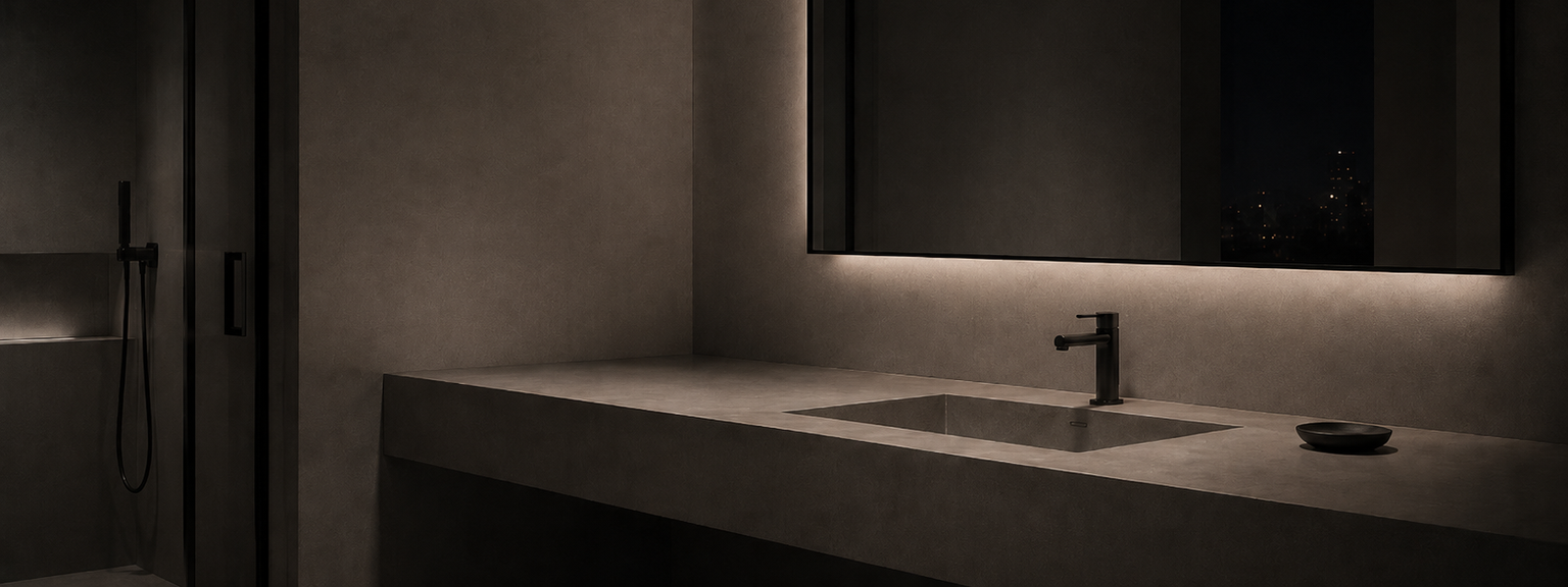 A dimly lit, modern minimalist bathroom with a concrete sink and a large, backlit rectangular mirror reflecting a dark, distant view outside a window.