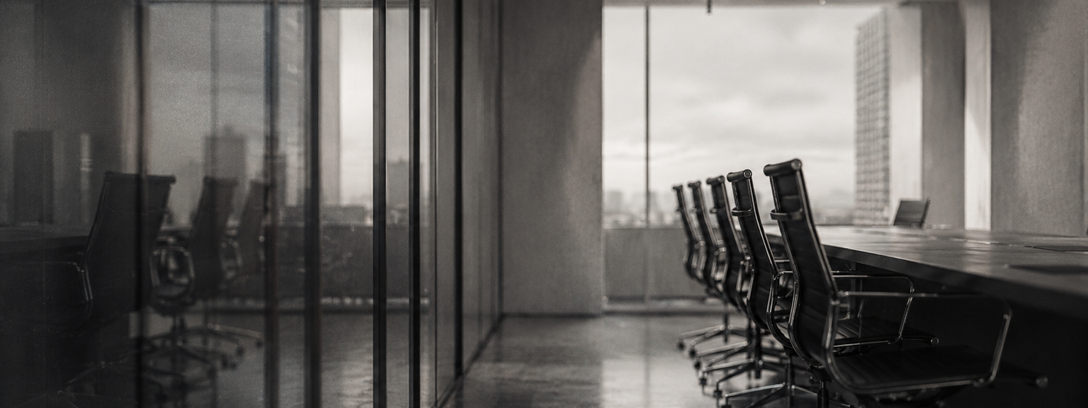 A black and white image of an empty, modern corporate boardroom with a long table, office chairs, and glass walls.