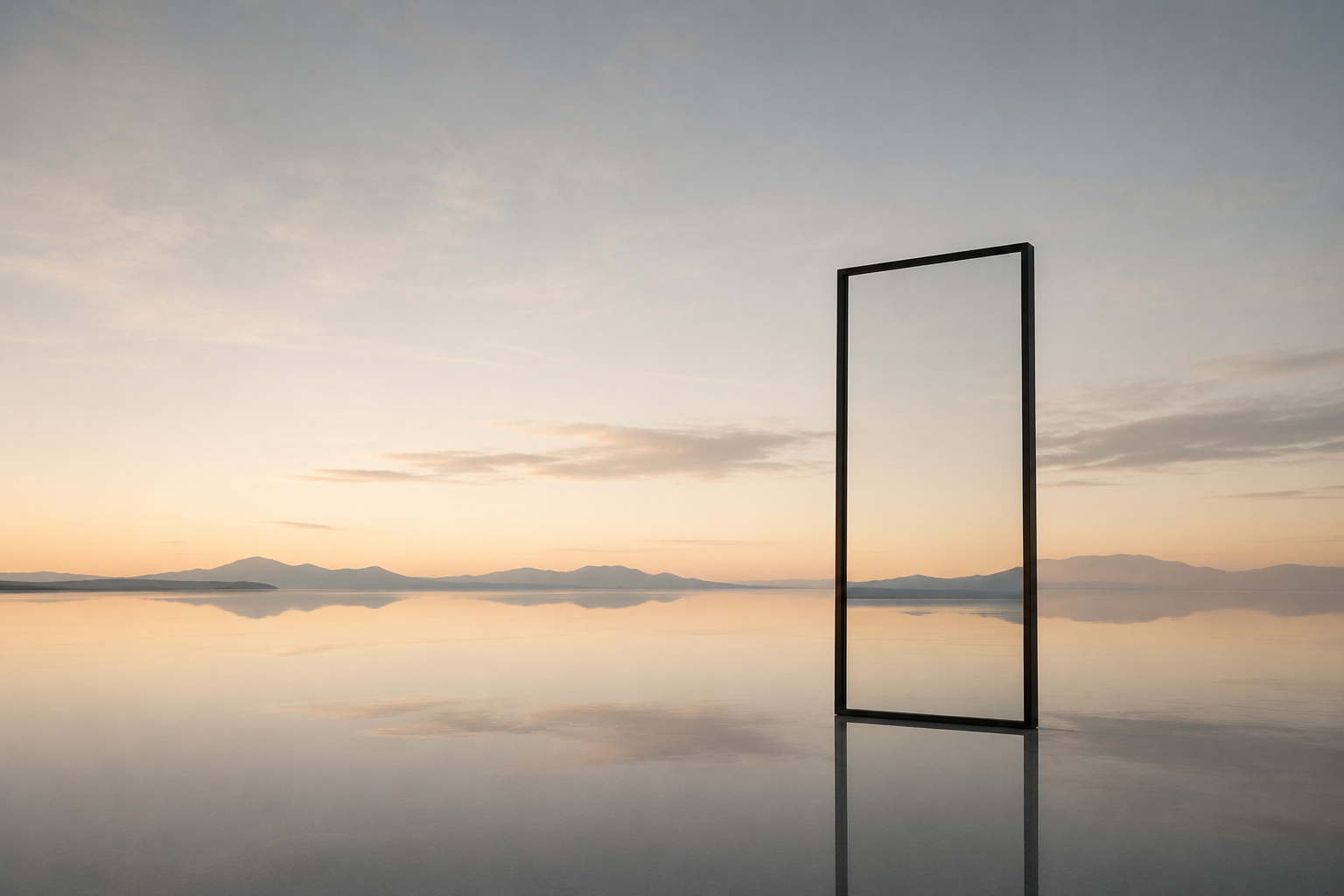 A rectangular mirror standing upright in a barren desert landscape, reflecting the clear sky during a sunset.